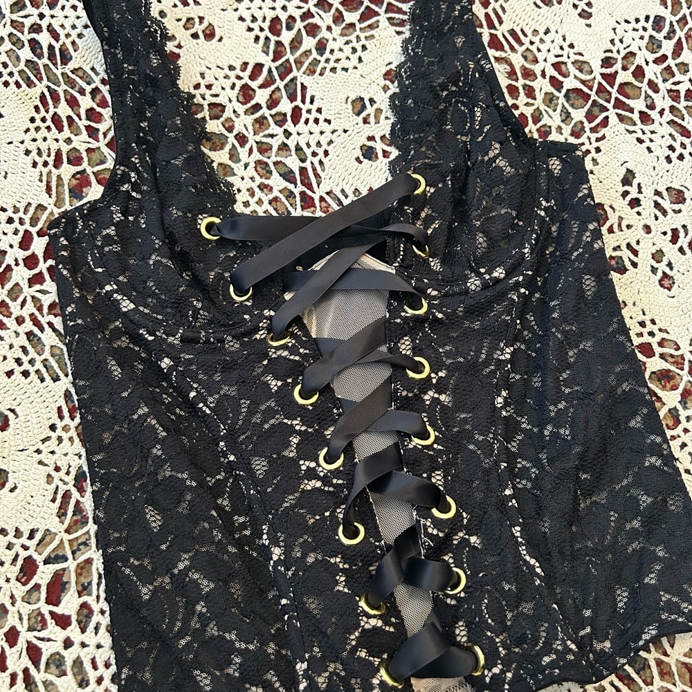 Victoria's Secret Black Lace Corset-Style Camisole with Ribbon Lacing